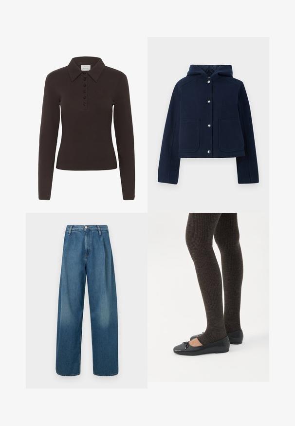 Chaqueta con capucha de color azul marino, con mangas largas, botones a presión en la parte delantera y dos grandes bolsillos frontales, mostrada sobre un fondo blanco.; Camisa polo de manga larga marrón oscuro con seis botones negros y un pequeño logo bordado en el lado izquierdo del pecho.; Pantalones vaqueros de pierna ancha en azul, hechos de mezclilla, con cintura alta, cierre frontal de botones y un sutil desgaste en la tela.; Piernas con leggings oscuros acanalados combinados con bailarinas negras que presentan pequeños detalles de lazo sobre un fondo blanco.