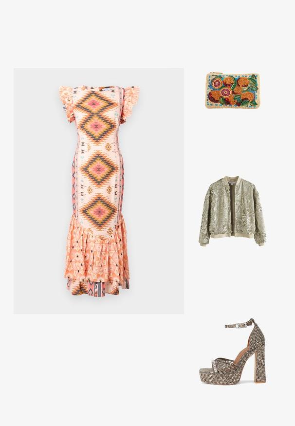 Veste bomber dorée à sequins avec col et poignets côtelés, présentant des motifs floraux texturés et une doublure douce beige.; Robe midi à motifs en rose pastel avec des manches courtes volantées, des designs en forme de diamant orange et bleu, et un ourlet évasé avec volants.; Sandale à plateforme à talon haut avec bride à la cheville, couverte de strass multicolores, avec bout ouvert et talon épais.; Pochette rectangulaire beige perlée avec fruit orange, feuilles vertes et accents bleus brodés en perles colorées.