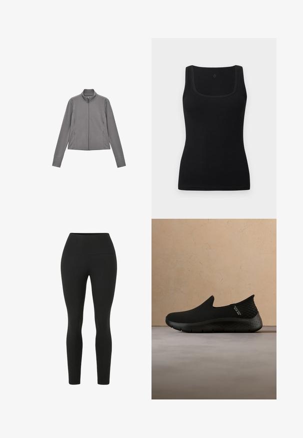 Graue Reißverschlussjacke aus glattem Stoff, mit hohem Kragen, langen Ärmeln, Seitentaschen und flachen Nähten.; Schwarzes eng anliegendes Tanktop aus glattem Stoff, mit quadratischem Ausschnitt und breiten Trägern; keine sichtbaren Muster oder Akzente.; Schwarze Leggings mit einem hohen Bund. Hergestellt aus dehnbarem Stoff, mit einer glatten Textur und einer anliegenden Silhouette ohne sichtbare Nähte.; Schwarze Slipper mit Mesh-Obermaterial, strukturiertem Absatz und flexibler Sohle. Leichtes Design. Hintergrund mit sanften, neutralen Farbtönen.
