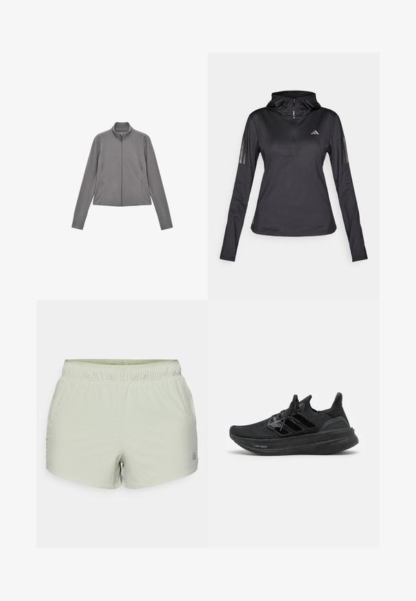 Grå lynlåstrøje lavet af glat stof med høj krave, lange ærmer, sidelommer og flade syninger.; Sort langærmet sports hoodie med kvart lynlås, struktureret stof, justerbar hætte og reflekterende striber på ærmerne. Har logo på brystet.; Lys grønne atletiske shorts lavet af åndbart stof, med perforeret tekstur og elastisk talje. Logo trykt på siden.; Sorte atletiksko med en åndbar strikket overdel, tekstureret design, det velkendte tre-stripes logo og en tykk, polstret sål mærket "LIGHT BOOST."
