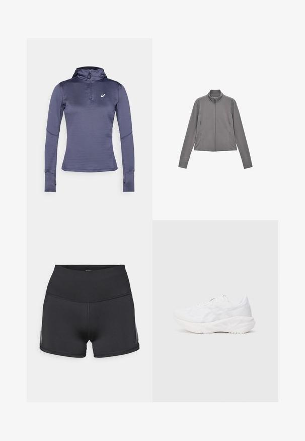 Chaqueta gris con cremallera, hecha de tela suave, con cuello alto, mangas largas, bolsillos laterales y costuras planas.; Camiseta deportiva de manga larga en azul oscuro, con cuello tipo zip, capucha y agujeros para los pulgares. Tejido texturizado con un patrón geométrico. Logo en el pecho.; Pantalones cortos deportivos negros con una cinturilla alta, hechos de tela elástica. Presentan franjas laterales blancas y costuras planas para mayor comodidad.; Zapatilla deportiva blanca con parte superior de malla transpirable y suela acolchada, que presenta un patrón texturizado y acentos de diseño minimalista.