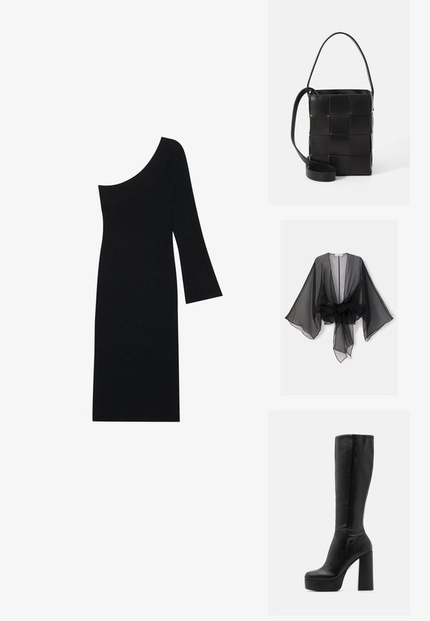 Kimono noir transparent avec manches larges et détail de taille nouée. Le tissu est léger, avec une texture fluide et translucide.; Robe en tricot côtelé noire avec un décolleté asymétrique et une manche cloche, présentant une silhouette ajustée et longueur genou.; Bottes noires montantes en cuir lisse avec une finition texturée, dotées d'un talon bloc haut et d'un design à bout rond.; Sac en cuir noir avec un design tissé. Forme rectangulaire, courte anse et sangle ajustable. Texture lisse avec une finition mate.