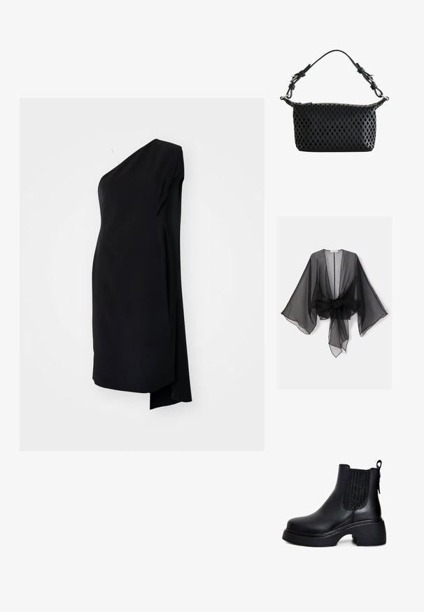 Sort gennemsigtig kimono med brede ærmer og et bindedetalje ved taljen. Stoffet er let og har en flydende, gennemsigtig tekstur.; Sort asymmetrisk kjole med én skulder, lavet af glat stof, med en draperet design og en sideslids for ekstra detaljer.; Sorte læder ankelstøvler med elastiske sidepaneler, rund tå, chunky tekstureret hæl og strop bagpå for nem påtagning.; Sort håndtaske med diamantformet udskæringsmønster, kort justerbar strop og sølvspændedetaljer mod en hvid baggrund.