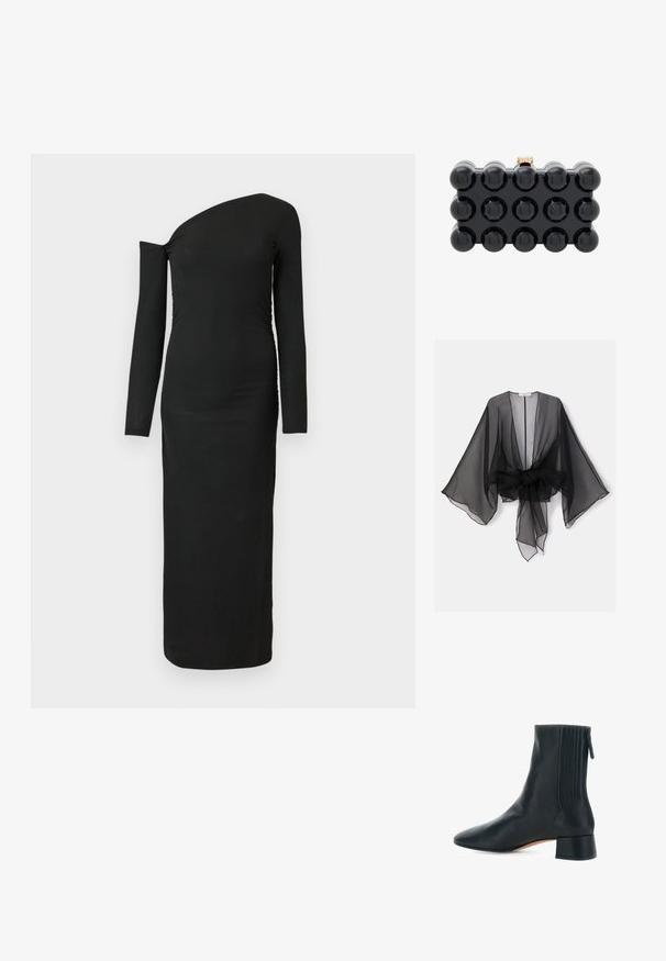 Zwarte doorschijnende kimono met wijde mouwen en een tailleband die gestrikt kan worden. De stof is lichtgewicht en heeft een vloeiende, transparante textuur.; Zwarte, nauwsluitende, lange mouw jurk met een asymmetrische halslijn en geplooide zijdetail, gemaakt van ribbelstof.; Zwarte leren enkellaars met lage blokhak, zijrits en geribbeld elastisch paneel op een witte achtergrond.; Zwarte acrylaat rechthoekige clutch met ronde vormen op het oppervlak, een gouden sluiting en een glanzende afwerking.