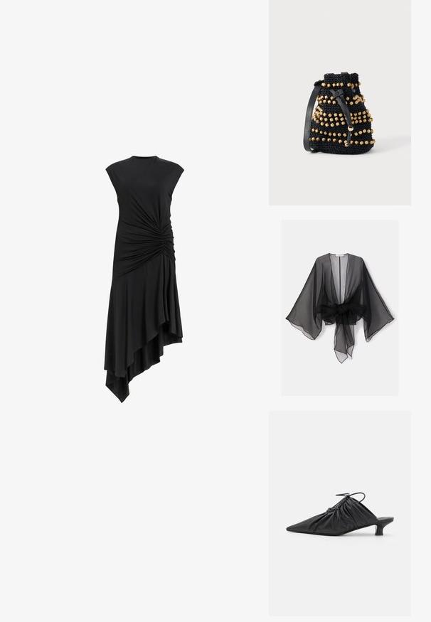 Kimono negro transparente con mangas anchas y detalle de cintura atada. La tela es ligera, con una textura fluida y translúcida.; Vestido negro sin mangas con detalles recogidos en el costado, con un dobladillo asimétrico que cae elegantemente. Textura de tela suave.; Mules negros de cuero sin hebillas con punta afilada, textura recogida y un pequeño tacón de gato. Presentan un detalle de cordón en la abertura.; Bolso tipo cubo negro tejido con cuentas de madera beige, cierre de cordón de cuero y correa de hombro ajustable, apoyado sobre fondo blanco.