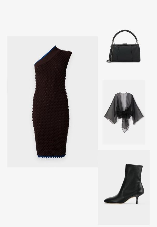 Sort gennemsigtig kimono med brede ærmer og et bindedetalje ved taljen. Stoffet er let og har en flydende, gennemsigtig tekstur.; Brun strikket kjole med tekstureret overflade og design med én skulder. Har en blå ribbet halsudskæring og bølget detaljering i kanten.; Sort læderankelstøvle med spids tå og slank mellemhøj hæl, vist i profil på en lys baggrund.; Lille sort læderhåndtaske med topgreb og aftagelig metal kæderem på hvid baggrund.