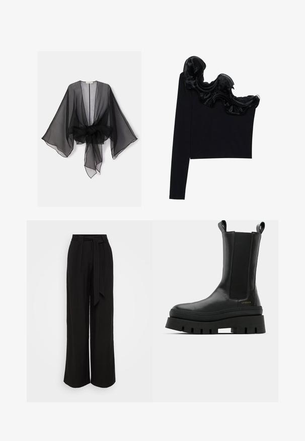 Sort gennemsigtig kimono med brede ærmer og et bindedetalje ved taljen. Stoffet er let og har en flydende, gennemsigtig tekstur.; Sort en-skulder top med et rynket, gennemsigtigt overlay langs halsudskæringen, lavet af letvægtsstof med en glat tekstur.; Sorte bukser med vidde i benene lavet af et glat stof, med høj talje, bindebælte og læg for et skræddersyet look.; Sorte ankelstøvler med en glat læderfinish, elastiske sidepaneler og en chunky, struktureret platformssål, der har et logo-detail.