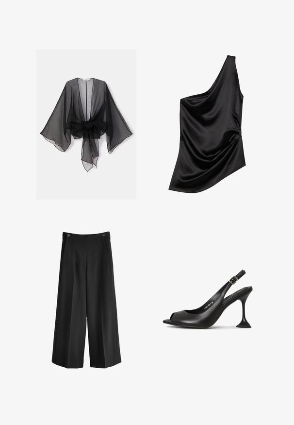 Sort gennemsigtig kimono med brede ærmer og et bindedetalje ved taljen. Stoffet er let og har en flydende, gennemsigtig tekstur.; Sort satin-top med en asymmetrisk halsudskæring, draperet stofdetalje og blød tekstur. Har én skulder og en flydende silhuet.; Svarte breddebenede bukser med høj talje, lavet af glat stof. Har to forlommer og to knapper ved linningen.; Sort læder slingback hæl med åben tå, spids form, smal hæl der udvider sig, og en firkantet base. Tekstureret overflade og spænde detaljer.