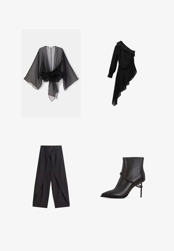 Kimono noir transparent avec manches larges et détail de taille nouée. Le tissu est léger, avec une texture fluide et translucide.; Robe noire en tissu fluide, avec un design asymétrique à une épaule, un devant drapé, une longue manche et un ourlet inégal.; Pantalon noir à jambes larges avec panneaux avant superposés et deux boutons à la taille, présenté à plat sur fond blanc.; Bottine noire élégante avec un bout pointu, un accent de design enroulé et un haut talon aiguille sur un fond blanc.