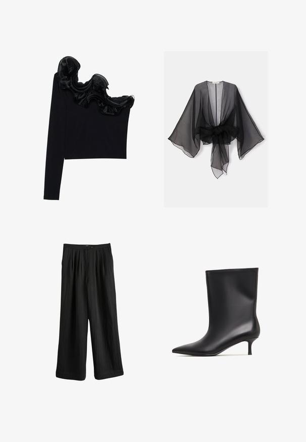 Sort gennemsigtig kimono med brede ærmer og et bindedetalje ved taljen. Stoffet er let og har en flydende, gennemsigtig tekstur.; Sort en-skulder top med et rynket, gennemsigtigt overlay langs halsudskæringen, lavet af letvægtsstof med en glat tekstur.; Sort, løstsiddende bukser med en tekstureret overflade, vide ben og en høj talje med to knapper.; Sorte læder ankelstøvler med en glat finish, spids tå og en lav kitten hæl. Enkel design uden yderligere udsmykninger.