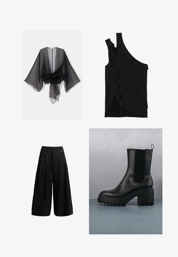 Kimono negro transparente con mangas anchas y detalle de cintura atada. La tela es ligera, con una textura fluida y translúcida.; Top negro asimétrico de tejido suave con volantes a lo largo del costado y una sola tirante. Textura suave con elementos de diseño drapeados.; Pantalones cortos de pierna ancha negros con cintura alta, botón delantero y pliegues debajo de la pretina.; Botín de cuero negro hasta el tobillo con puntera redonda, suela de plataforma gruesa y acentos de malla en los laterales. Cuenta con una lengüeta para facilitar el calzado.