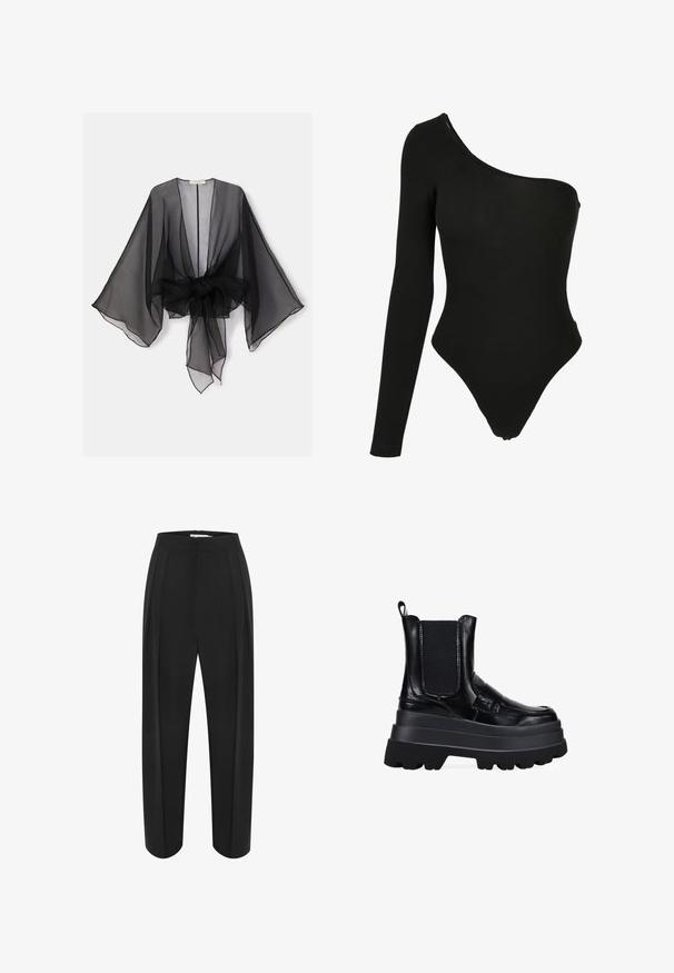 Kimono negro transparente con mangas anchas y detalle de cintura atada. La tela es ligera, con una textura fluida y translúcida.; Bodysuit negro de un solo hombro hecho de tela elástica, con una manga larga en un lado, aberturas de pierna de corte alto y un diseño ajustado.; Pantalones de pierna ancha negros con una cintura alta, con una textura suave y dos plisados frontales. Diseñados con una silueta limpia y ajustada.; Botas de tobillo de cuero negro con paneles laterales elásticos, suela de plataforma gruesa y detalles texturizados. Parte superior brillante con un diseño de banda robusta y pronunciada.