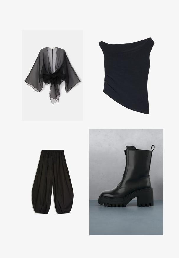 Zwarte doorschijnende kimono met wijde mouwen en een tailleband die gestrikt kan worden. De stof is lichtgewicht en heeft een vloeiende, transparante textuur.; Zwarte off-shoulder top met een fitted ontwerp, asymmetrische zoom en een zachte, gladde textuur. Het heeft gatherstof bij de halslijn.; Loszittende zwarte broek met een geplooide elastische tailleband en elastische broekspijpen, die een ballonachtige silhouet creëren.; Zwarte leren enkelboot met stevige zool, blokhak, rits aan de zijkant en een trekloop achterop op een effen witte achtergrond.