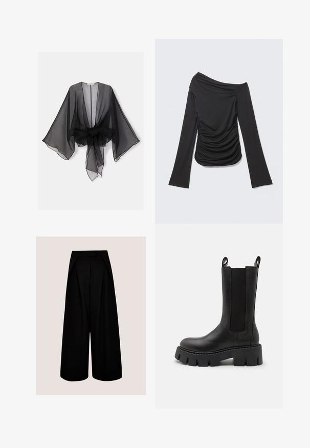 Kimono noir transparent avec manches larges et détail de taille nouée. Le tissu est léger, avec une texture fluide et translucide.; Top asymétrique noir à manches longues avec tissu froncé sur un côté et un large col bateau.; Pantalon noir à jambes larges et taille haute, avec plis et fermeture avant cachée, sur un fond clair uni.; Bottines en cuir noir avec panneaux élastiques sur les côtés, languettes de tirage, semelle crantée épaisse et détails de couture renforcée. La surface a une texture lisse.