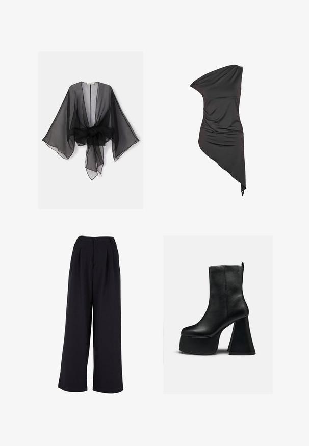 Sort gennemsigtig kimono med brede ærmer og et bindedetalje ved taljen. Stoffet er let og har en flydende, gennemsigtig tekstur.; Sort asymmetrisk ens skulder kjole med draperet stof og ujævnt skørt, længere på den ene side.; Bredde bukser i sort stof med frontpliser, knaplukning og en glat overflade. Skræddersyet design med høj talje.; Sort læderankelstøvle med tyk platformsål og bred, udvidet høj hæl, glat tekstur og lille logo nær den øverste kant.
