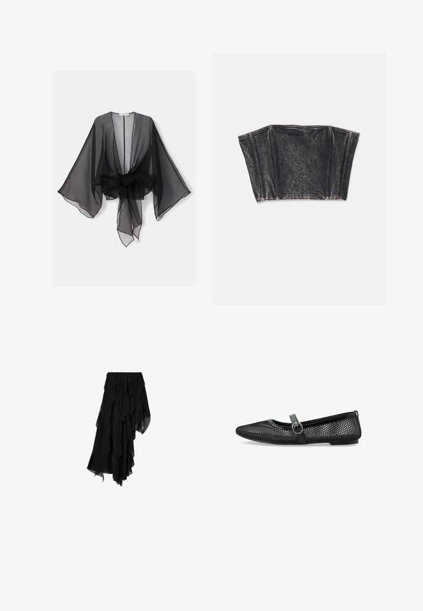 Sort gennemsigtig kimono med brede ærmer og et bindedetalje ved taljen. Stoffet er let og har en flydende, gennemsigtig tekstur.; Sort denim bustier med struktureret design, der har lodrette sømme og en tætsiddende, cropped form. Tekstureret overflade med subtil fading.; Sort asymmetrisk nederdel med lagdelt, flydende chiffonstof, der skaber en flæset, ujævn kant.; Sorte mesh balletflade har en rund tå, en tynd rem med spænde og en flad sål. Overdelen har et geometrisk mønster for ventilation.