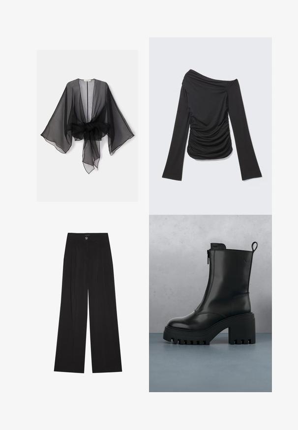 Sort gennemsigtig kimono med brede ærmer og et bindedetalje ved taljen. Stoffet er let og har en flydende, gennemsigtig tekstur.; Sort langærmet top med asymmetrisk off-shoulder halsudskæring og rynkede detaljer på siderne og foran.; Sorte bukser med vide ben lavet af blødt stof, med høj talje, frontfolder og enkelt knaplukning. Glat tekstur og skræddersyet design.; Sorte læder ankelstøvler med kraftig sål, blokhæl, lynlås i siden og trækflap bagpå på en ensfarvet hvid baggrund.