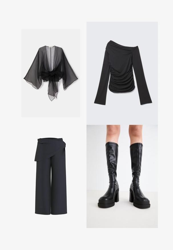Kimono noir transparent avec manches larges et détail de taille nouée. Le tissu est léger, avec une texture fluide et translucide.; Haut noir à manches longues avec un décolleté asymétrique épaule dénudée et des fronces sur les côtés et à l'avant.; Pantalon noir à jambes larges, taille haute et détail en tissu enveloppant en haut.; Bottes noires hautes en cuir lisse, avec une épaisse semelle plateforme et un talon carré, ornées de surpiqûres le long des bords.