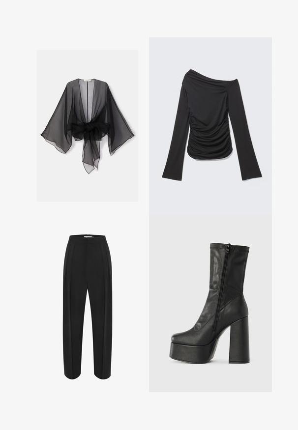 Sort gennemsigtig kimono med brede ærmer og et bindedetalje ved taljen. Stoffet er let og har en flydende, gennemsigtig tekstur.; Sort langærmet top med asymmetrisk off-shoulder halsudskæring og rynkede detaljer på siderne og foran.; Sorte brede bukser med høj talje, der har en glat tekstur og to frontfolder. Designet med en ren, skræddersyet form.; Sort læder ankelstøvle med høj blokhæl, platformssål og lynlås på siden til lukning. Glat tekstur med topstikningsdetalje.