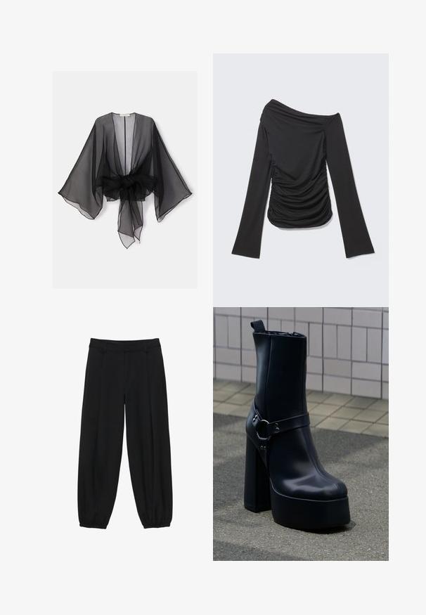 Kimono noir transparent avec manches larges et détail de taille nouée. Le tissu est léger, avec une texture fluide et translucide.; Haut noir à manches longues avec un décolleté asymétrique épaule dénudée et des fronces sur les côtés et à l'avant.; Pantalon noir à coupe décontractée, avec un devant plat, des bordures de cheville élastiquées et une texture de tissu douce et lisse.; Bottine à plateforme en cuir noir avec talon haut épais et sangle décorative, posée sur un trottoir gris devant un mur carrelé.