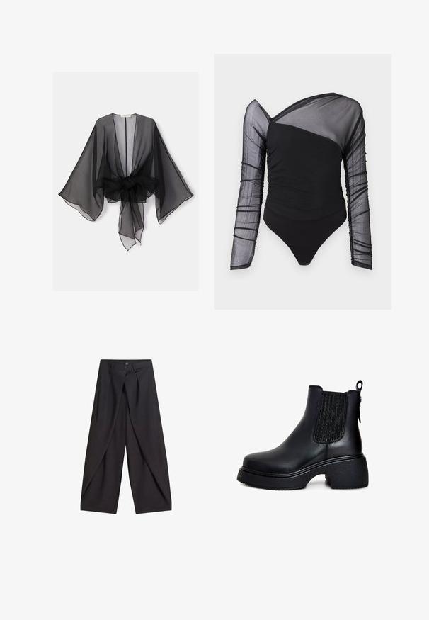 Zwarte doorschijnende kimono met wijde mouwen en een tailleband die gestrikt kan worden. De stof is lichtgewicht en heeft een vloeiende, transparante textuur.; Zwarte bodysuit met lange sheer mesh-mouwen. Bevat gerimpelde textuur op het lichaam, asymmetrische halslijn en thong onderkant.; Zwarte broek met wijde pijpen, overlappende voorpanelen en twee knopen aan de tailleband, plat weergegeven op een witte achtergrond.; Zwarte leren enkellaarzen met elastische zijpanelen, ronde neus, stevige gestructureerde hak en een pull tab aan de achterkant voor eenvoudig aan- en uittrekken.