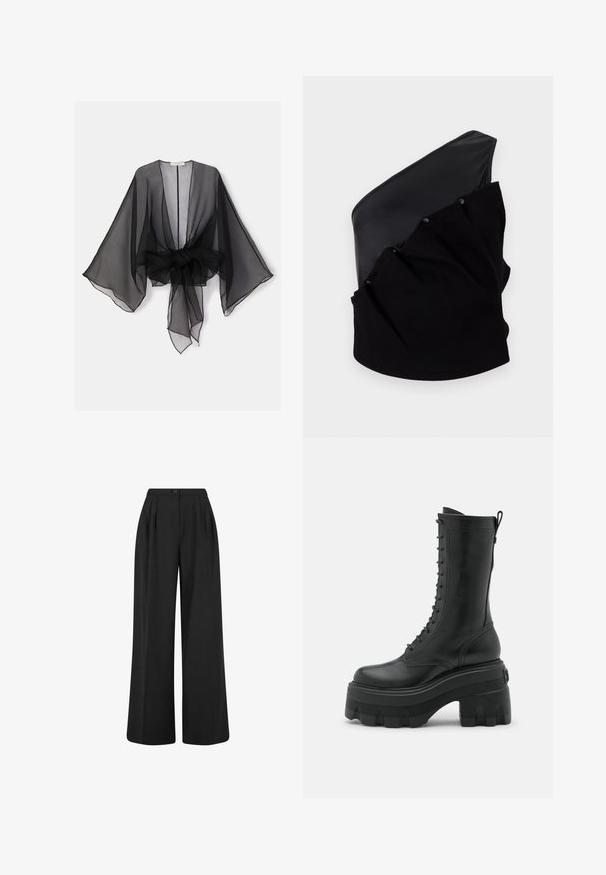Kimono noir transparent avec manches larges et détail de taille nouée. Le tissu est léger, avec une texture fluide et translucide.; Haut asymétrique noir avec un panneau en cuir lisse et un tissu tricoté texturé, doté de détails froncés et de boutons-pression.; Pantalon noir taille haute à jambes larges avec des plis à l'avant, une fermeture par bouton à la taille et une finition en tissu lisse.; Bottines en cuir noir à lacets avec une semelle plateforme haute, présentant un bout rond, une fermeture éclair latérale et une semelle texturée pour une meilleure adhérence.