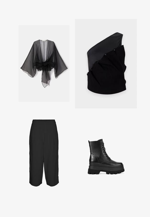Kimono negro transparente con mangas anchas y detalle de cintura atada. La tela es ligera, con una textura fluida y translúcida.; Top asimétrico negro que presenta un panel de cuero liso y un tejido de punto texturizado con detalles fruncidos y botones a presión.; Pantalones anchos negros con una textura suave, con cintura alta, dos botones en la parte frontal y detalles de pliegues para dar estructura.; Bosanova MILITARES CON PUNTA CUADRADA Y PLATAFORMA XL - Botines con plataforma - black