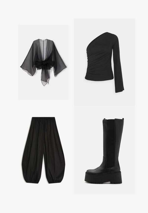 Sort gennemsigtig kimono med brede ærmer og et bindedetalje ved taljen. Stoffet er let og har en flydende, gennemsigtig tekstur.; Asymmetrisk langærmet top i sort, med en sammensamlet side for tekstur og en tætsiddende silhuet. Lavet af blødt, strækbart materiale.; Sorte vidde bukser med elastisk talje og samlede elastiske manchetter, lavet af let stof.; Sort knæhøje støvler med en glat læderoverdel, elastiske sidepaneler og en tykk platformssål med en skridsikker bund.
