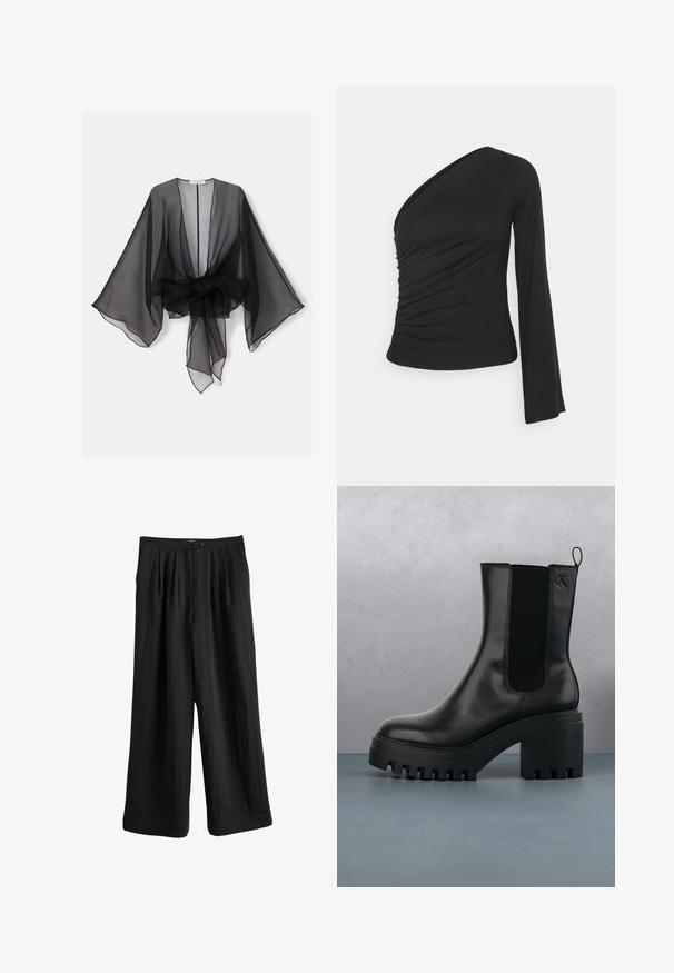 Kimono negro transparente con mangas anchas y detalle de cintura atada. La tela es ligera, con una textura fluida y translúcida.; Top asimétrico de manga larga en negro, con un lado fruncido para dar textura y un silueta ajustada. Hecho de material suave y elástico.; Pantalones negros de pierna ancha confeccionados con tejido ligero, con un delantero plisado, cierre de botón y textura suave.; Botín de cuero negro hasta el tobillo con puntera redonda, suela de plataforma gruesa y acentos de malla en los laterales. Cuenta con una lengüeta para facilitar el calzado.