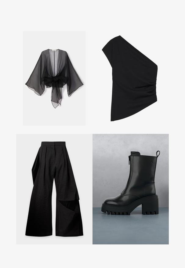 Sort gennemsigtig kimono med brede ærmer og et bindedetalje ved taljen. Stoffet er let og har en flydende, gennemsigtig tekstur.; Sort top med én skulder lavet af strækbart stof, med en detaljeret ruched side og en asymmetrisk kant. Glat tekstur med let fald.; Sort viddebukser med læg ved taljen og et overlappende stofstykke på højre ben.; Sorte læder ankelstøvler med kraftig sål, blokhæl, lynlås i siden og trækflap bagpå på en ensfarvet hvid baggrund.