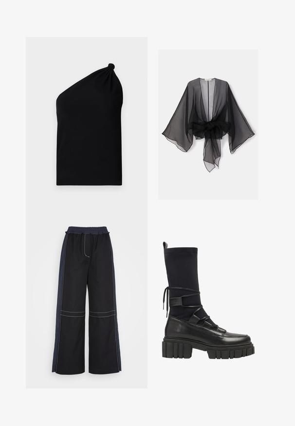 Kimono noir transparent avec manches larges et détail de taille nouée. Le tissu est léger, avec une texture fluide et translucide.; Haut sans manches noir asymétrique en tissu lisse, avec un détail noué à l'épaule et une silhouette ajustée.; 3.1 Phillip Lim COMBO UTILITY PANT - Pantalon classique - black eclipse; Bottine noire tibiale en cuir lisse et tissu extensible, avec des lacets à l'avant et une semelle chunky crantée.