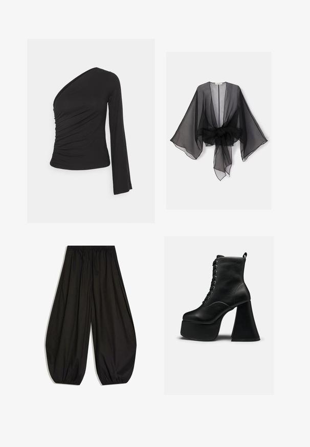 Sort gennemsigtig kimono med brede ærmer og et bindedetalje ved taljen. Stoffet er let og har en flydende, gennemsigtig tekstur.; Asymmetrisk langærmet top i sort, med en sammensamlet side for tekstur og en tætsiddende silhuet. Lavet af blødt, strækbart materiale.; Sorte vidde bukser med elastisk talje og samlede elastiske manchetter, lavet af let stof.; Sort ankellang støvle med platform, snøring foran og bred blokhæl, glat lædertekstur og trække-flig bagpå.