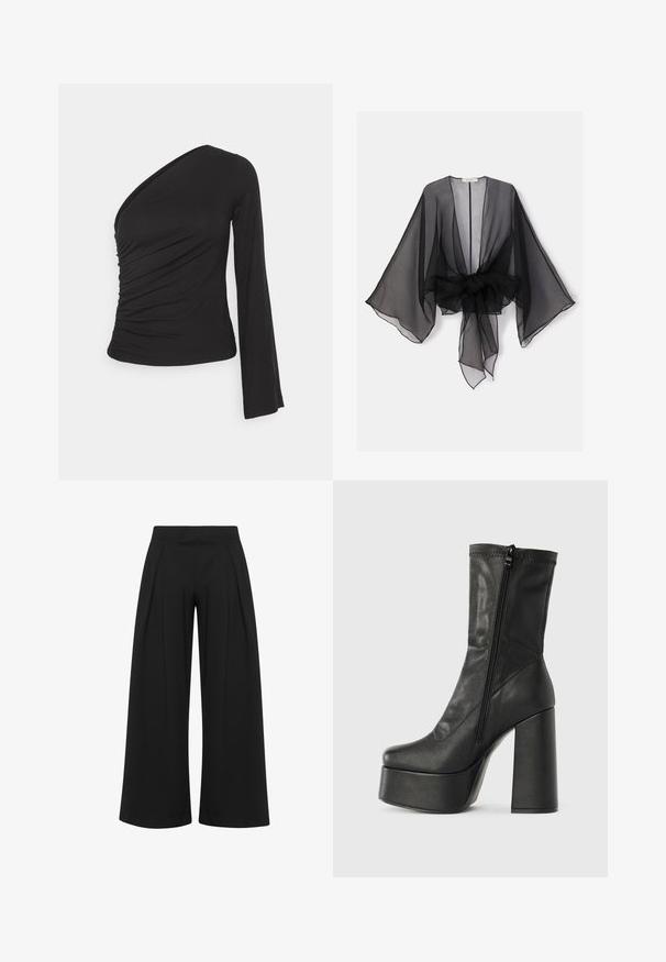 Sort gennemsigtig kimono med brede ærmer og et bindedetalje ved taljen. Stoffet er let og har en flydende, gennemsigtig tekstur.; Asymmetrisk langærmet top i sort, med en sammensamlet side for tekstur og en tætsiddende silhuet. Lavet af blødt, strækbart materiale.; Sorte bukser med vidde ben, høj talje og frontfolder, lavet af glat stof, vist mod en hvid baggrund.; Sort læder ankelstøvle med høj blokhæl, platformssål og lynlås på siden til lukning. Glat tekstur med topstikningsdetalje.