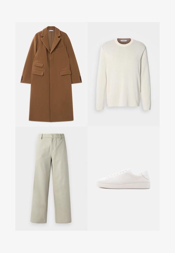 Pikk camel-pruuni villane mantel laiade kraega, kolme klapiga taskuga, nelja tumeda nupuga mansettidel ja peidetud esiseguga.; Helekreemjas pullover ümmarguse kaelusega, pikkade varrukatega ja siledast kootud tekstuuriga. Esile tõstetud kontrastne pruun kaelus.; Han Kjøbenhavn WIDE LEG - Püksid - light grey; Valge nahast toss, sileda viimistlusega, ümmarguse ninaga, kuue auguga paelalöökidega ja tekstuurse kummist tallaga. Minimalistlik disain ilma mustriteta.