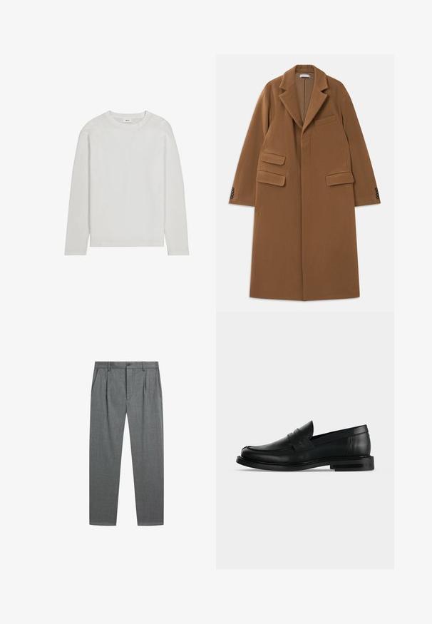 Long camel brown wool coat with wide lapels, three flap pockets, four dark buttons on cuffs, and concealed front closure.; Plain white long-sleeve crew neck shirt with a straight hem, displayed flat against a white background.; Gray formal trousers with front pleats, side pockets, belt loops, and a button closure at the waist against a white background.; Black leather men's penny loafer with low stacked heel and rounded toe shown from side on light gray background.