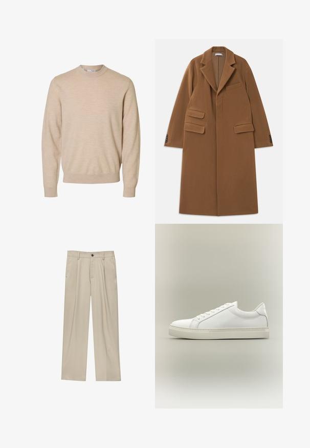 Long manteau en laine couleur camel avec de larges revers, trois poches à rabat, quatre boutons sombres sur les poignets et fermeture frontale dissimulée.; Pull beige à manches longues et col rond en tissu tricoté doux, avec poignets et ourlet côtelés, conçu pour hommes.; Pantalon beige à coupe droite, doté d'un seul bouton noir, de passants de ceinture et de poches latérales. Texture de tissu lisse et design minimaliste.; Baskets blanches basses à lacets sur l’avant et semelle épaisse, vues de côté sur un fond neutre.