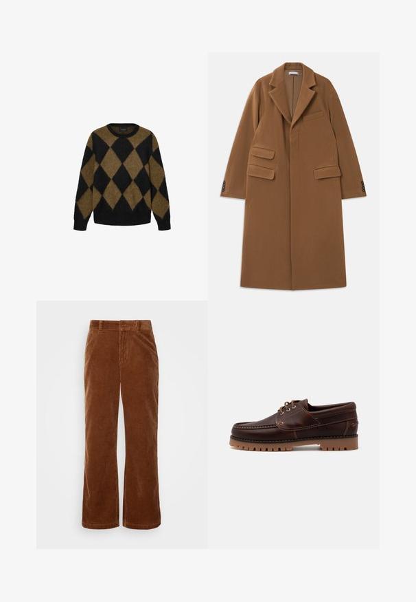 Lang kamelbrun uldfrakke med brede revers, tre klaftlommer, fire mørke knapper ved manchetterne og skjult frontlukning.; Sort og brun argyle-mønster cardigan lavet af fluffy strikmateriale. Rund halsudskæring og lange ærmer; blød tekstur med en afslappet pasform.; Brune fløjl bukser med et bredbenet design, der har vertikalt ribbet tekstur, en knaplukning og standard bælteløkker.; Brun læder bådsko med stikninger, snørebåndsdesign og robust gummisål med bølgede mønstre for godt greb.
