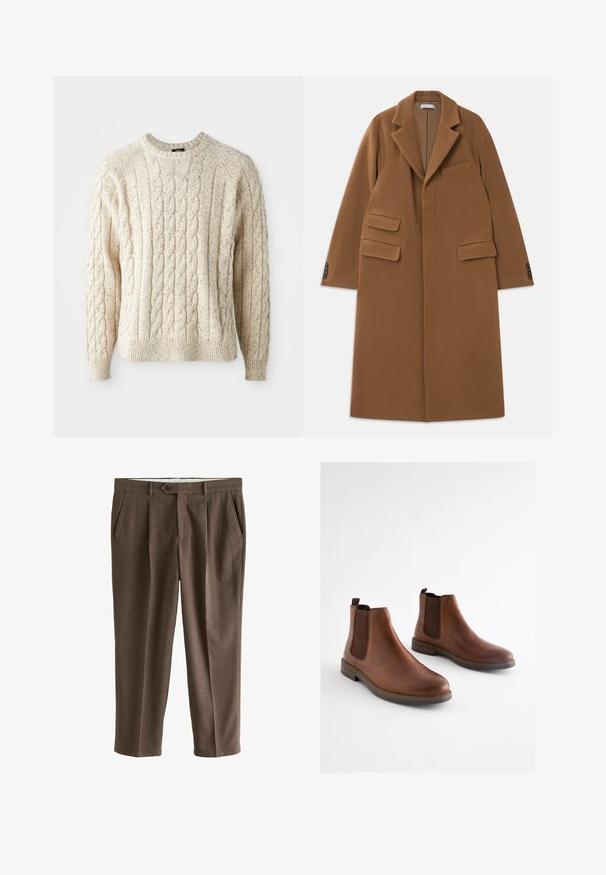 Langer, kamelbrauner Wollmantel mit breiten Revers, drei Klappentaschen, vier dunklen Knöpfen an den Manschetten und verdecktem Frontverschluss.; Cremfarbener Kabelstrickpullover mit Rundhalsausschnitt, strukturiertem Muster und gerippten Bündchen und Saum. Hergestellt aus weicher, dicker Wolle.; Braune, strukturierte, maßgeschneiderte Hose mit Knopfverschluss, vorderen Falten und seitlichen Taschen, flach auf weißem Hintergrund dargestellt.; Braune Leder-Stiefeletten mit elastischen seitlichen Einsätzen, einer abgerundeten Spitze und einem gestapelten Absatz. Glatte Textur mit kontrastierenden braunen Akzenten.