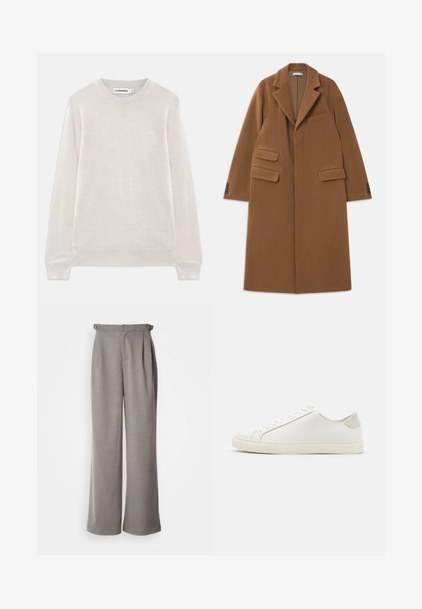 Lang kamelbrun uldfrakke med brede revers, tre klaftlommer, fire mørke knapper ved manchetterne og skjult frontlukning.; Lys beige langærmet crewneck sweater med ribbede manchetter og kant, subtilt logo på venstre bryst og J.Lindeberg-label indeni kraven.; Lysegrå wide-leg bukser lavet af vævet stof. Funktioner folder ved taljen og bæltestropper. Glat tekstur og fuldlængde design.; Hvide lædersneakers med en glat overflade, rund tå og minimalistisk design. Funktioner i beige nuancer på hælen og en gummisål.