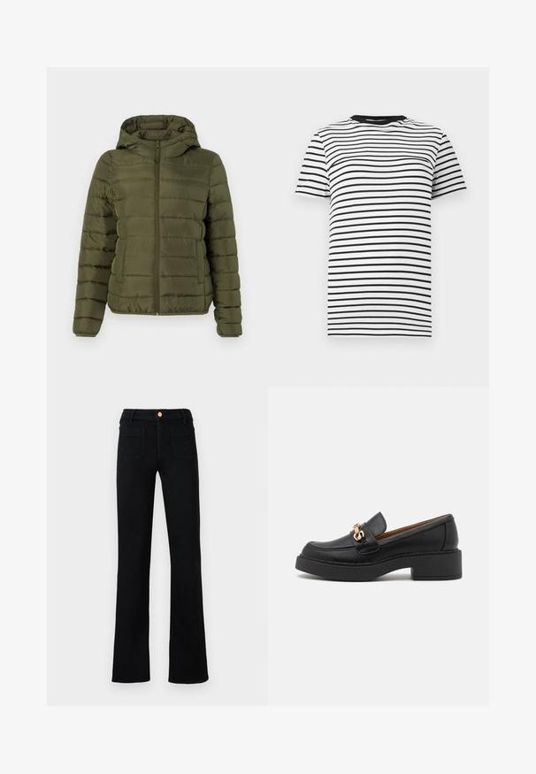 TOM TAILOR DENIM LIGHTWEIGHT PUFFER JACKET - Veste mi-saison - grape leaf green; T-shirt à rayures noires et blanches en tissu doux. Il présente un col rond et des manches courtes, avec des rayures horizontales régulièrement espacées.; Jean droit noir taille haute avec poches avant plaquées et fermeture à bouton en cuivre sur un fond neutre.; Mocassin en cuir noir avec une semelle plateforme épaisse, orné d'une chaîne métal doré et présentant des détails de couture visibles. Texture lisse et design élégant.