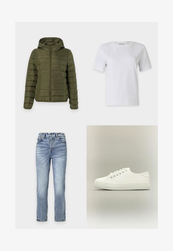 TOM TAILOR DENIM LIGHTWEIGHT PUFFER JACKET - Chaqueta de invierno - grape leaf green; Camiseta blanca de manga corta hecha de algodón suave. Presenta un cuello redondo y dobladillo recto, sin patrones ni adornos.; Jeans de mezclilla azul claro con ajuste recto, cintura alta, textura desgastada y cinco bolsillos. Presenta cierre de botón metálico y cremallera.; Zapatilla blanca baja con cordones blancos y suela de goma mostrada desde vista lateral sobre un fondo neutro.