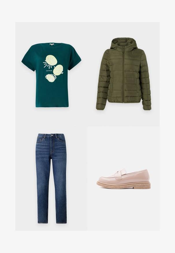 TOM TAILOR DENIM LIGHTWEIGHT PUFFER JACKET - Jas - grape leaf green; Teal katoenen t-shirt met een afbeelding van een zon en schelpen in lichtgeel en wit, met een relaxte pasvorm en opgerolde mouwen.; Hoge taille blauwe denim jeans met rechte pijpen, voorzien van subtiele wassing, sluiting met één knoop en een vijf-pocket ontwerp.; Glanzende lichtroze loafer met een gestructureerde beige zool en een bijpassende band over de wreef, weergegeven in zijaanzicht op een lichte achtergrond.