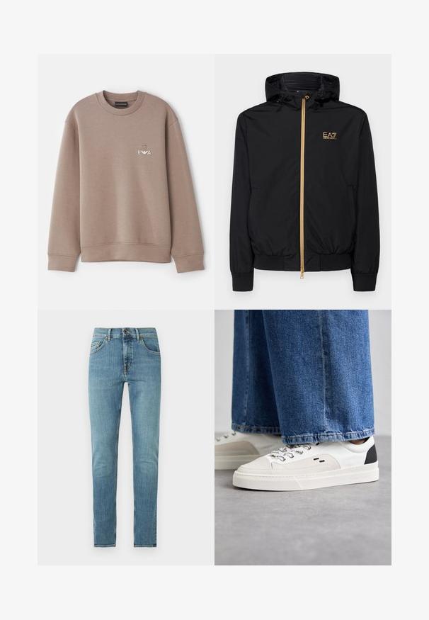 Sort hættetrøje lavet af letvægtsmateriale med en guldlås og logo-detalje. Har elastiske manchetter og en tætsiddende talje.; Brun sweatshirt lavet af blødt materiale. Har rund hals og ribbede manchetter. Dekorativ "EVA" logo på brystet med et emblem ovenover.; Lyseblå slim-fit denimjeans med fem lommer, knaplukning og diskret falmning på lårene og knæene.; Hvide og sorte sneakers med en glat læderoverdel, teksturerede detaljer og en kraftig hvid sål. Har et klassisk snørebåndsdesign.
