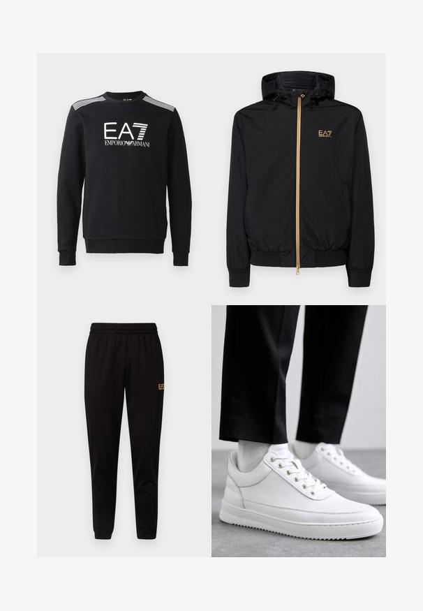 Zwarte hooded jack gemaakt van lichtgewicht materiaal met een gouden rits en logoaccent. Heeft elastische manchetten en een getailleerde taille.; Zwarte sweatshirt van katoen, met een ronde hals, lange mouwen, een wit EA7-logo en strepen over de schouders.; Zwarte sweatpants met een elastische tailleband, aangesloten boorden en een klein geel logo op het bovenste deel van het linkerdij. Zachte, gladde stofstructuur.; Witte leren sneakers met een platte rubberen zool, met een soepele afwerking, ronde neus en metalen oogjes voor de veters. Draag ze met een zwarte broek.