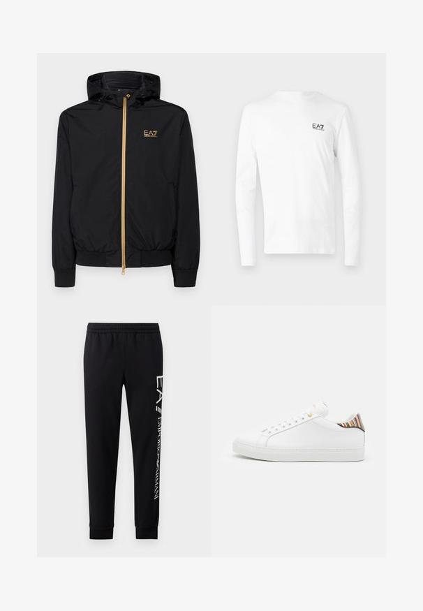 Chaqueta negra con capucha hecha de material ligero, con un cierre dorado y un acento de logo. Cuenta con puños elásticos y una cintura ajustada.; Camiseta blanca de manga larga hecha de algodón, con un pequeño logo negro de EA7 en el lado izquierdo del pecho. Diseño simple con cuello redondo.; Pantalones de chándal negros hechos de una mezcla de algodón, con una cinturilla elástica, piernas estrechas, puños acanalados y estampado de logo blanco en el lateral.; Zapatilla de cuero blanca con un acabado suave, que presenta un acento de rayas coloridas en el talón, ojal dorado y suela plana blanca.