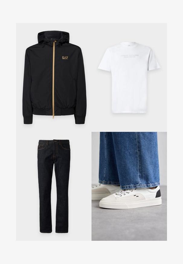 Chaqueta negra con capucha hecha de material ligero, con un cierre dorado y un acento de logo. Cuenta con puños elásticos y una cintura ajustada.; Camiseta blanca de algodón con cuello redondo, mangas cortas y logo en relieve "ARMANI EXCHANGE MILANO/NEW YORK" en la parte frontal.; Jeans ajustados de color azul oscuro con costuras naranjas, cierre de botón y diseño de cinco bolsillos, exhibidos planos sobre un fondo blanco.; Zapatillas blancas y negras con una parte superior de cuero suave, acentos texturizados y una suela blanca gruesa. Presenta un diseño clásico de cordones.
