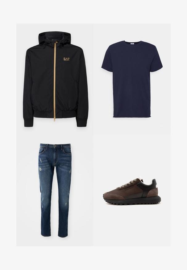 Zwarte hooded jack gemaakt van lichtgewicht materiaal met een gouden rits en logoaccent. Heeft elastische manchetten en een getailleerde taille.; Navyblauwe T-shirt met korte mouwen van zachte stof. Heeft een ronde hals en een rechte snit zonder patronen of accenten.; Donkerblauwe denim jeans met slim fit, lichte slijtage op de dijen en knieën, klassiek vijf-pocket ontwerp en knoopsluiting.; Donkerbruine en zwarte sneaker met robuuste zool, suède teen en hiel, en witte gewatteerde kraag, zijaanzicht op een effen lichte achtergrond.
