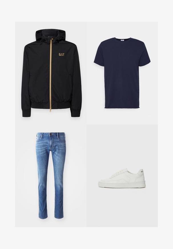 Sort hættetrøje lavet af letvægtsmateriale med en guldlås og logo-detalje. Har elastiske manchetter og en tætsiddende talje.; Marineblå kortærmet t-shirt lavet af blødt stof. Har rund halsudskæring og en lige pasform uden mønstre eller accenter.; Lysblå denim jeans med lige ben-design, der har traditionelle fem-lomme detaljer og diskret falmning mod knæene.; Hvide lædersneakers med en glat overflade, rund tå, flade snørebånd og en tekstureret sål. Har et diskret logo på hælen.