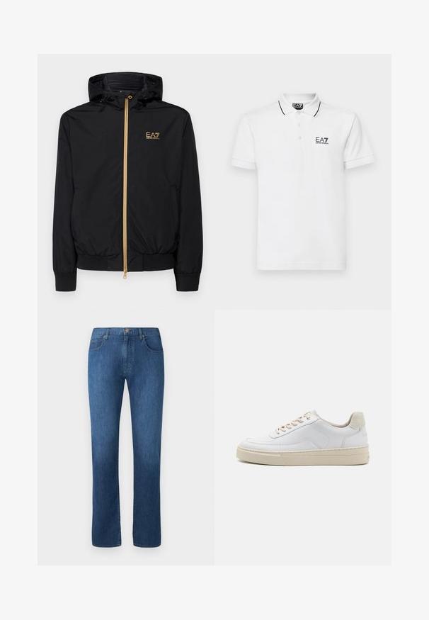 Sort hættetrøje lavet af letvægtsmateriale med en guldlås og logo-detalje. Har elastiske manchetter og en tætsiddende talje.; Hvid bomulds polo skjorte med en to-knaps placket, sorte krave- og ærmestrimler, med EA7-logoet på venstre bryst.; Mørkeblå denimjeans med lige ben-design, fem lommer og lukning med frontknap. Glat tekstur og klassiske syninger.; Hvide sneakers med en glat læderoverdel, beige snørebånd og en tekstureret beige ruskindsheel-tab. Hævet sål for ekstra højde.
