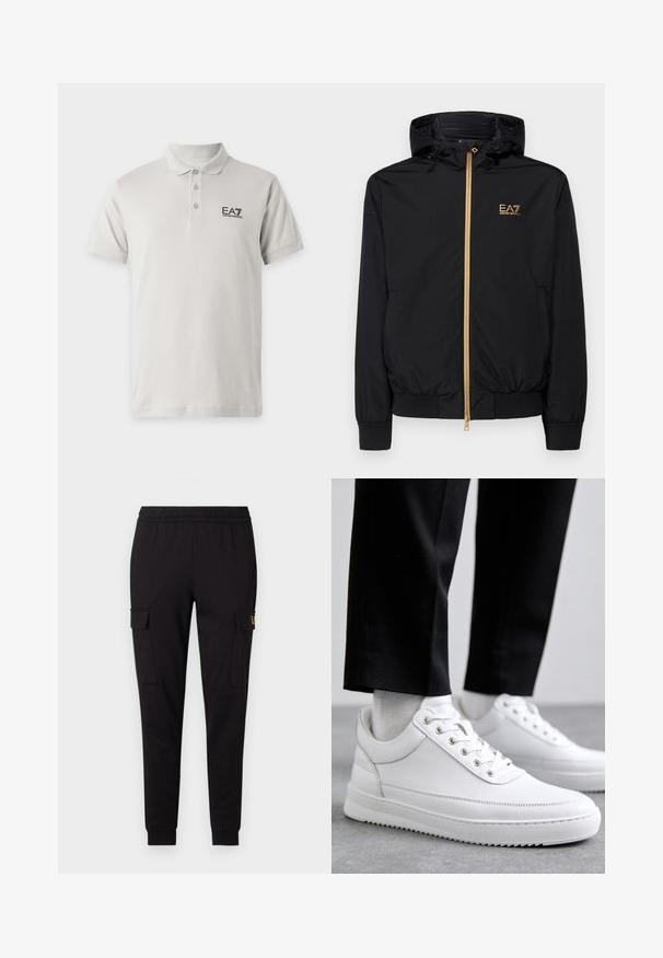 Veste à capuche noire en matériau léger avec une fermeture éclair dorée et un accent de logo. Présente des poignets élastiques et une taille ajustée.; Polo blanc à manches courtes avec trois boutons et logo EA7 Emporio Armani sur la poitrine gauche.; Pantalons de jogging noirs en tissu doux, présentant une coupe fuselée et deux poches cargo latérales avec un logo discret sur une poche.; Baskets blanches en cuir avec une semelle en caoutchouc plat, présentant une finition lisse, un bout rond et des œillets en métal pour les lacets. Portées avec un pantalon noir.